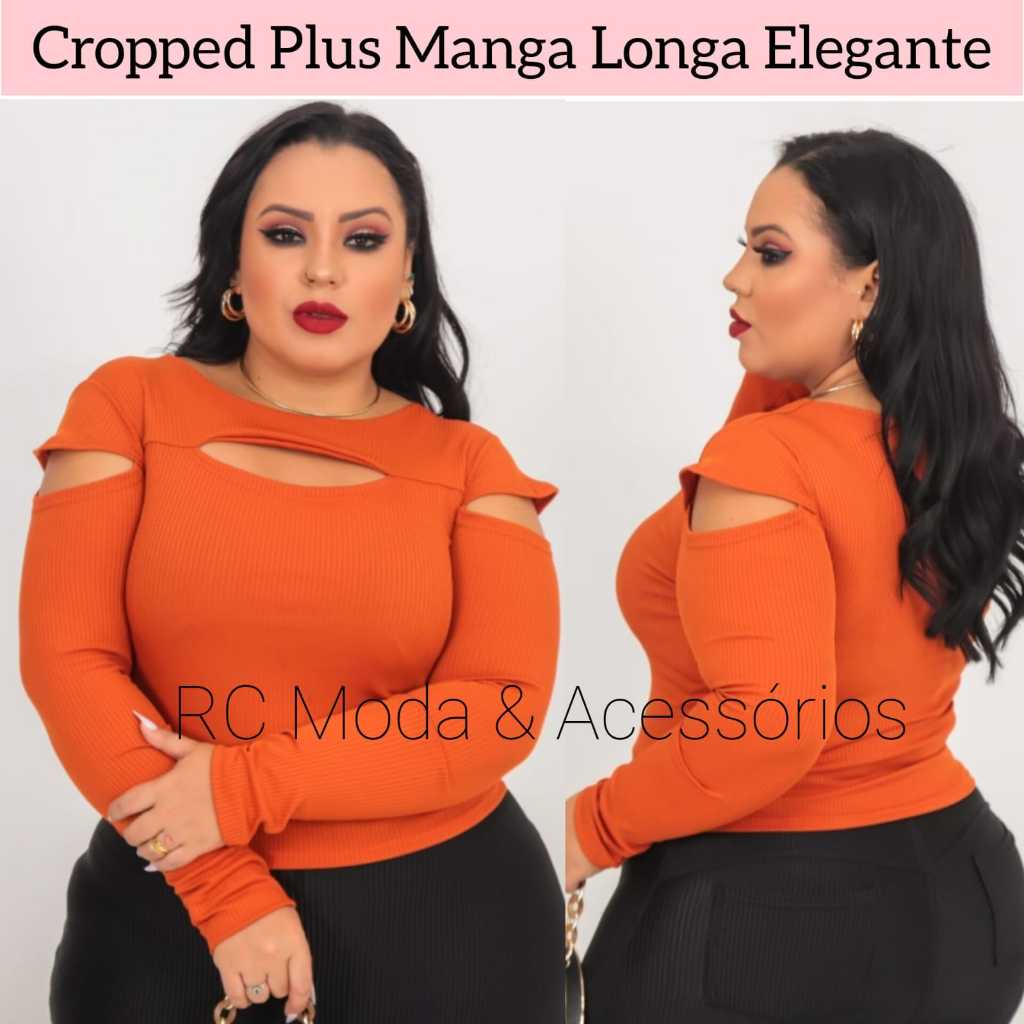 Blusinha Blusa Cropped Feminino Plus Size Canelada Manga Longa Decotado Vazado na Manga Elegante Modelo All Curve