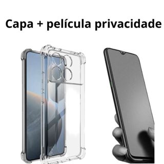 Kit 2X1 Xiaomi Poco X6 5G - Capa Silicone Transparente TPU 3D + Pelicula Privacidade Anti Spy Ceramica 9D Anti Impacto Protetora