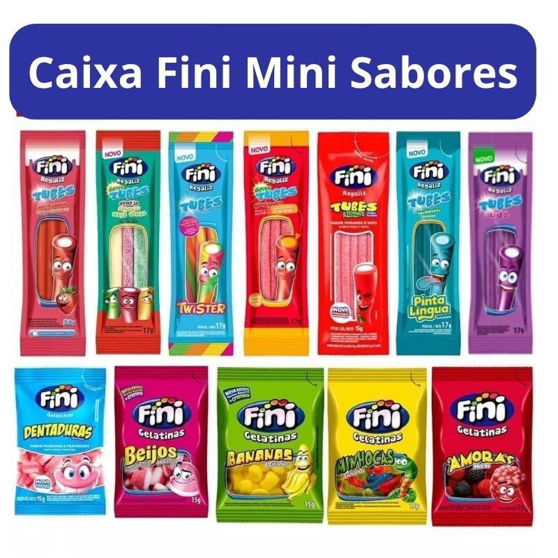 Caixa Fini Balas de Gelatina com 12 pacotes de 15g. Bala Sabores Mini Minhocas Beijo Morango e Citrico Amora Banana