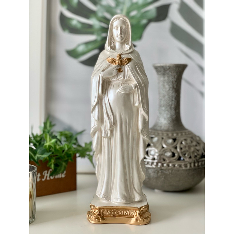 imagem nossa senhora grávida 30cm doce espera branco perolado dourado gesso em Oferta na Shopee
