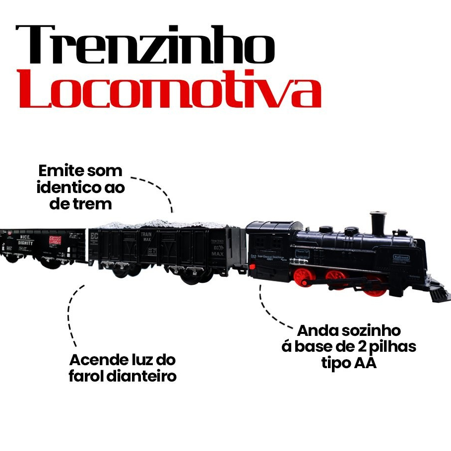 Trem Ferroviário de Brinquedo com 2 Vagões 10 Trilhos com Som e Luz a Pilha Locomotiva Ferrorama Brinquedo Infantil Trenzinho Elétrico
