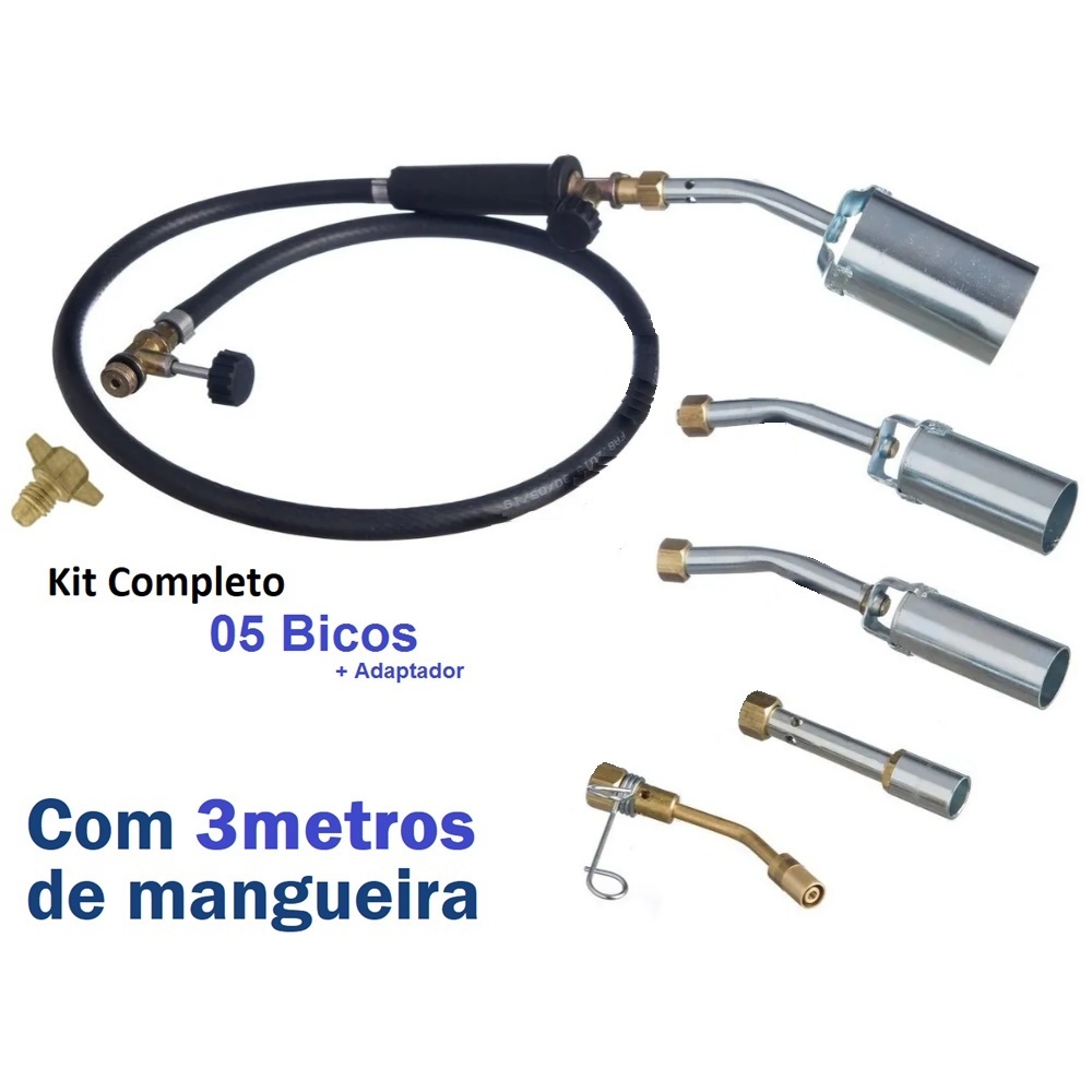 Maçarico Solda GLP Kit Completo 5 Bicos + Adaptador 13kg gás