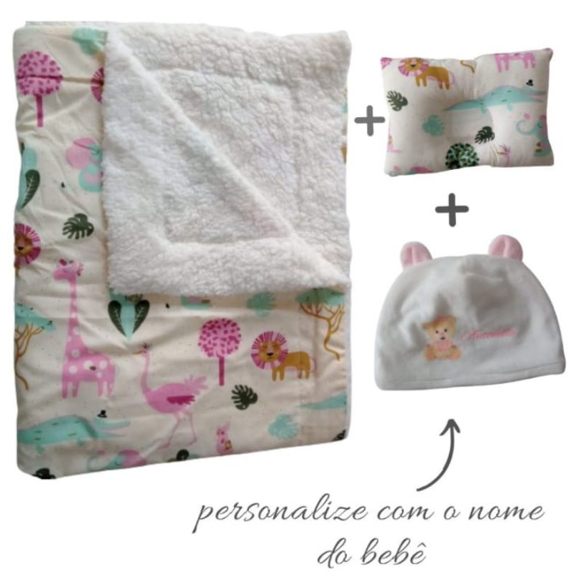 cobertor manta para bebê + touca personalizada + travesseiro anatômico kit soninho menino menina, manta para bebe, kit para bebê