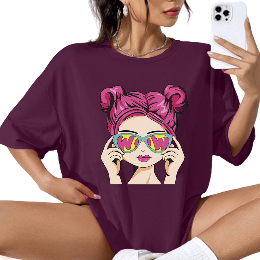Camiseta Estilosa Vinho Estampada Cabelo Rosa Oversized Larga Manga Curta 3/4 Longline Aesthetic Mo