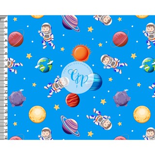 Tecido tricoline, microfibra ou gabardine estampado - Astronauta - planeta - fundo azul claro - 0.50CM