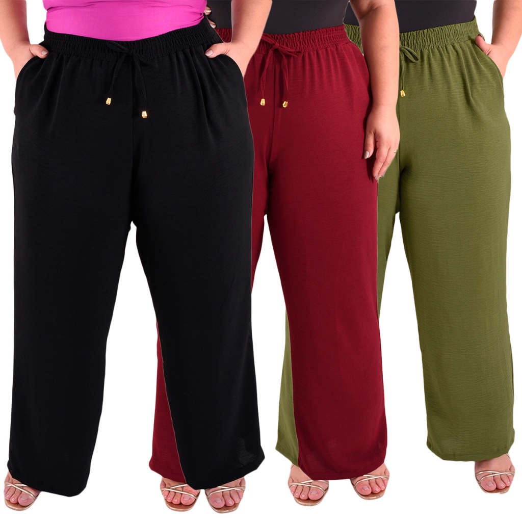 Calça Plus Size Pantalona Feminina Wide Leg Elastico Cós Envio Imediato em Oferta na Shopee