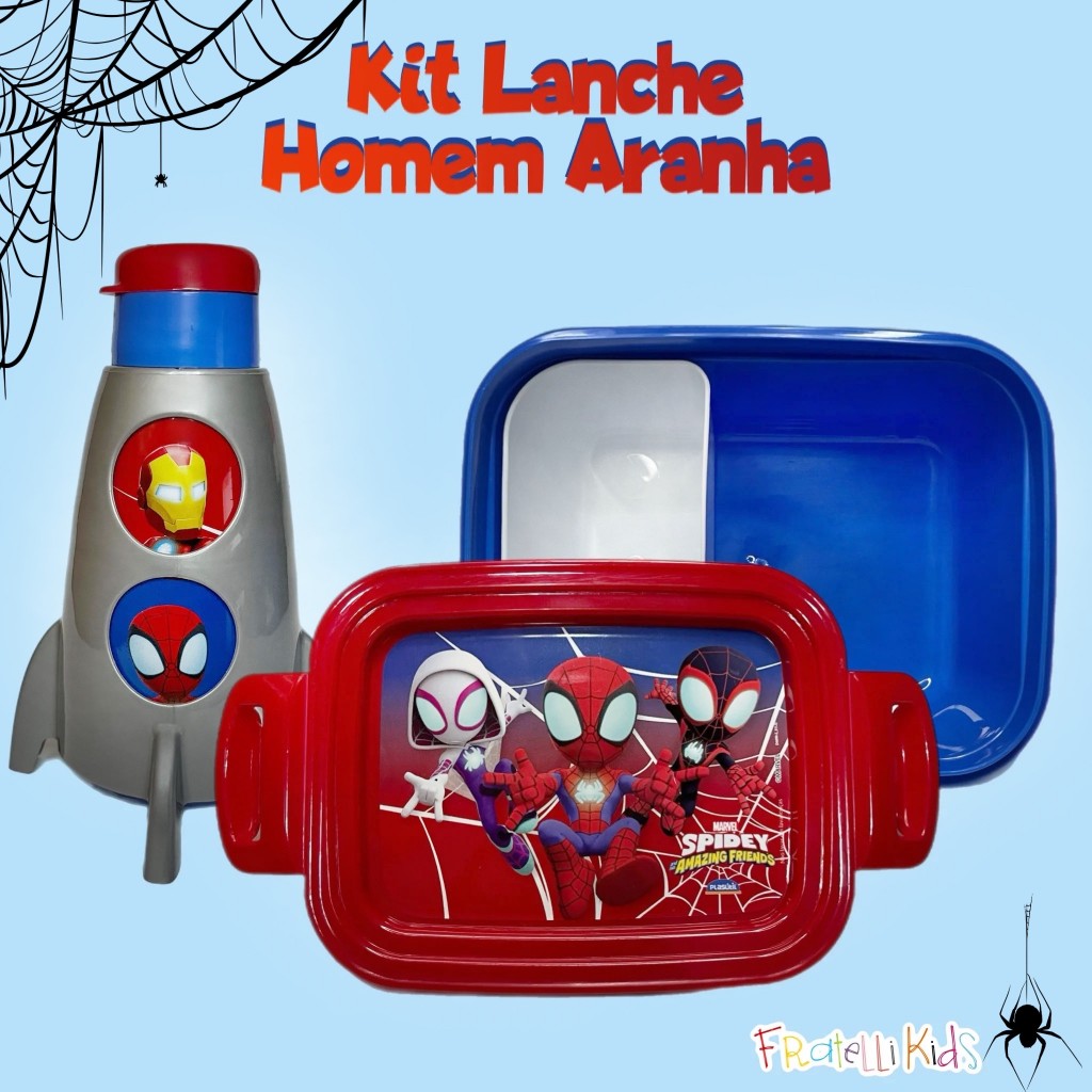 Kit Lancheira Infantil Homem Aranha 2 itens Marmita + Garrafinha Foguete Conjunto Lanche Escolar