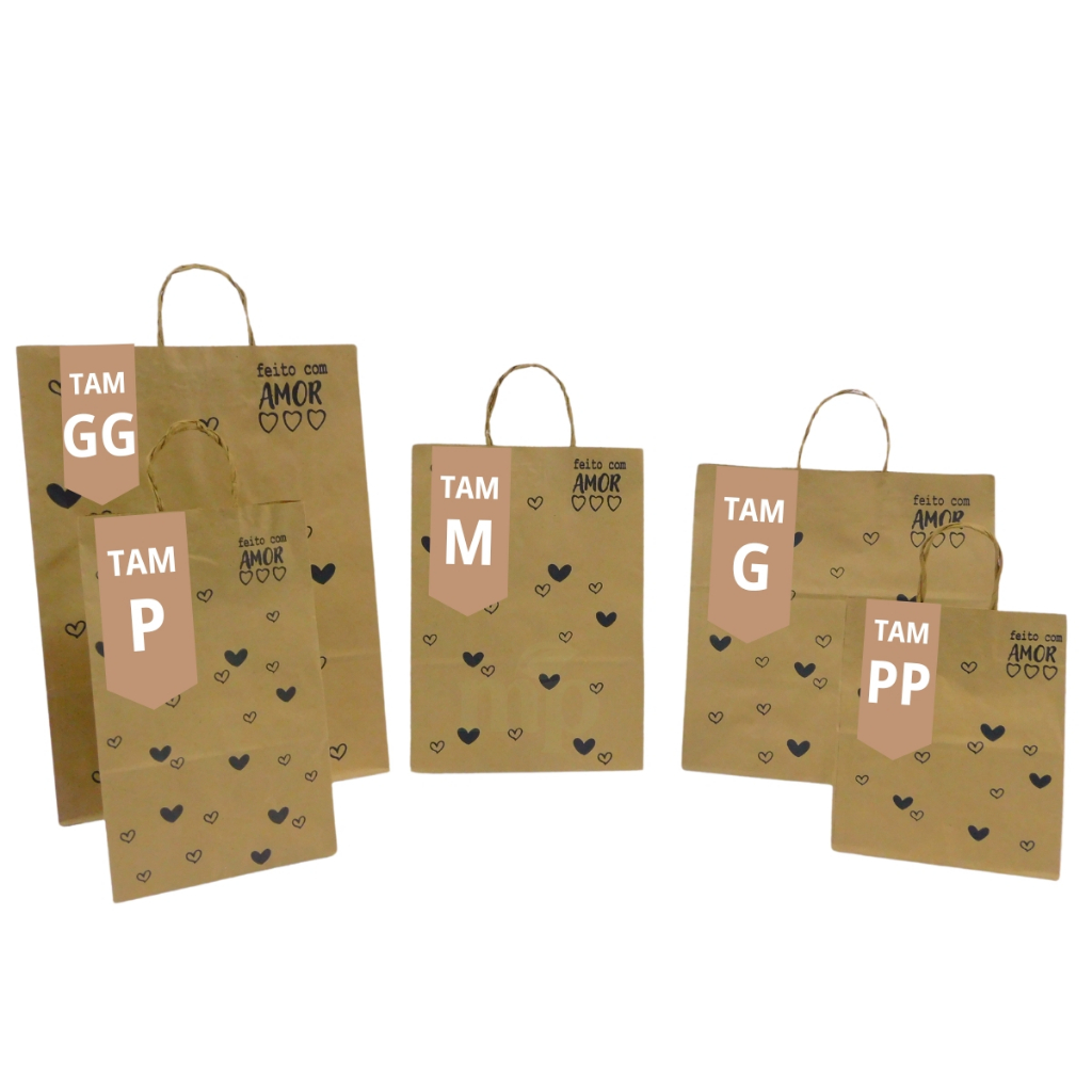 Sacola Kraft Coração (PRETO) 50 Unidades (PP-P-M-G-GG) em Oferta na Shopee