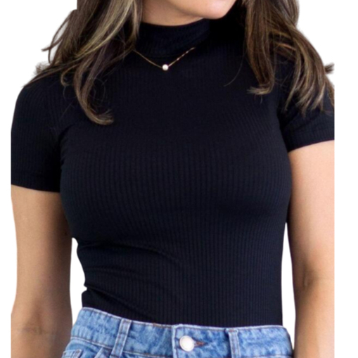 BASICA Blusa Canelada Gola Alta Manga Curta Moda Femininaa