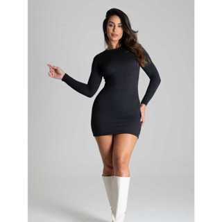 Vestido Feminino Manga Longa Gola Alta Canelado Outono Inverno Chic Básico Casual Tubinho sem Bojo Várias Cores
