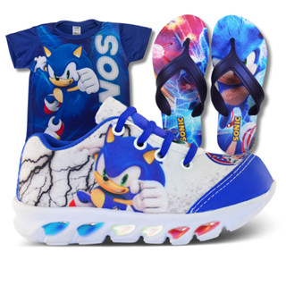 Kit Tenis Masculino Infantil De Led Meninos SONIC Novo + Chinelo SONIC + Camisa SONIC Barato Macio Confortável Brilha Luzinha Pisca que Acende