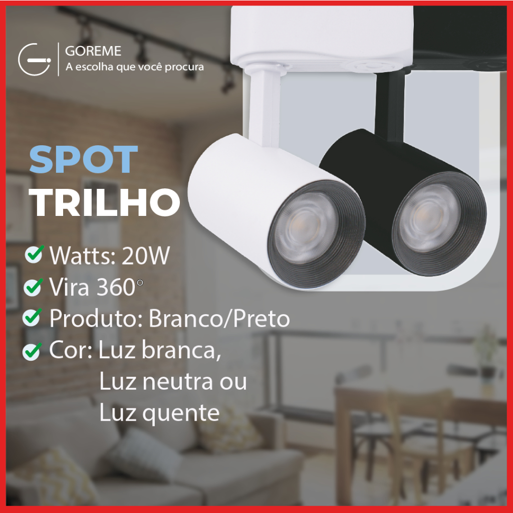 Trilho Spot LED para trilho eletrificado Tubinho Preto e Branco 20W 360° | Luz Branca, Luz Neutra e Luz Amarela | Para ambientes internos modelo econômico Bivolt 110V-220V - Home & Living