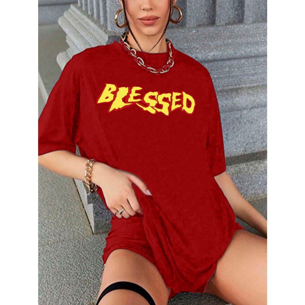 Camiseta Life Style Vermelha Estilosa Oversized Feminina Desenho Moderno Blessed Old School Tecido Mac