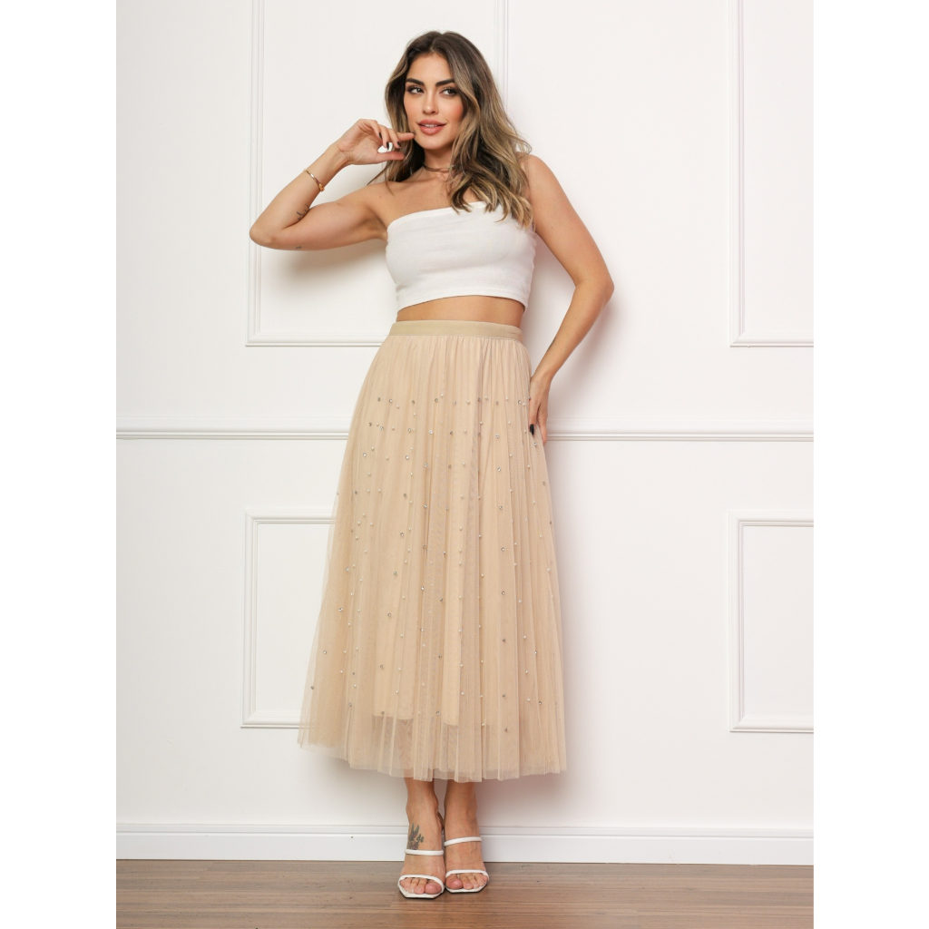 Saia de Tule Moda Feminina Midi Comprida Longa Elegante e Elastica de perolas /saias evangélicas em Oferta na Shopee