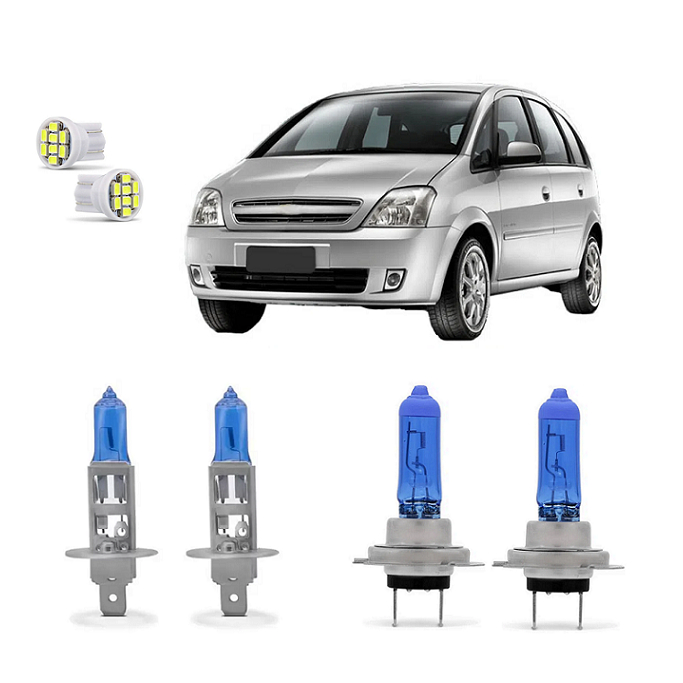 Kit 4 Lampada Super Branca Farol Meriva 2001 a 2012 8500k H1 H7