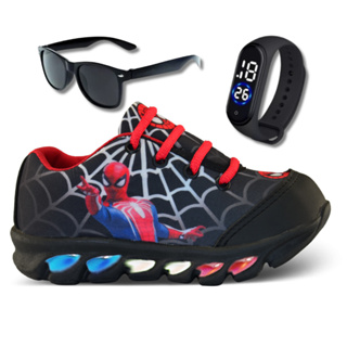 tenis de led infantil masculino homem aranha +relogio+oculos em Oferta na Shopee