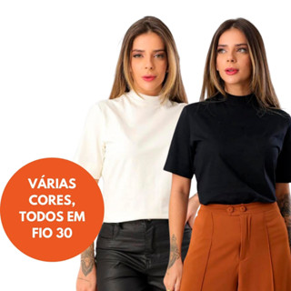 T-Shirt Gola Alta em Ribana Blusa 100% algodão Fio 30