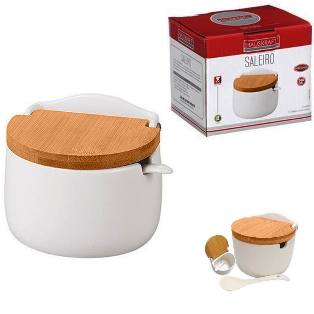 Saleiro Em Porcelana Com Colher E Tampa Em Bambu Ideal Para A Organização De Condimentos -...