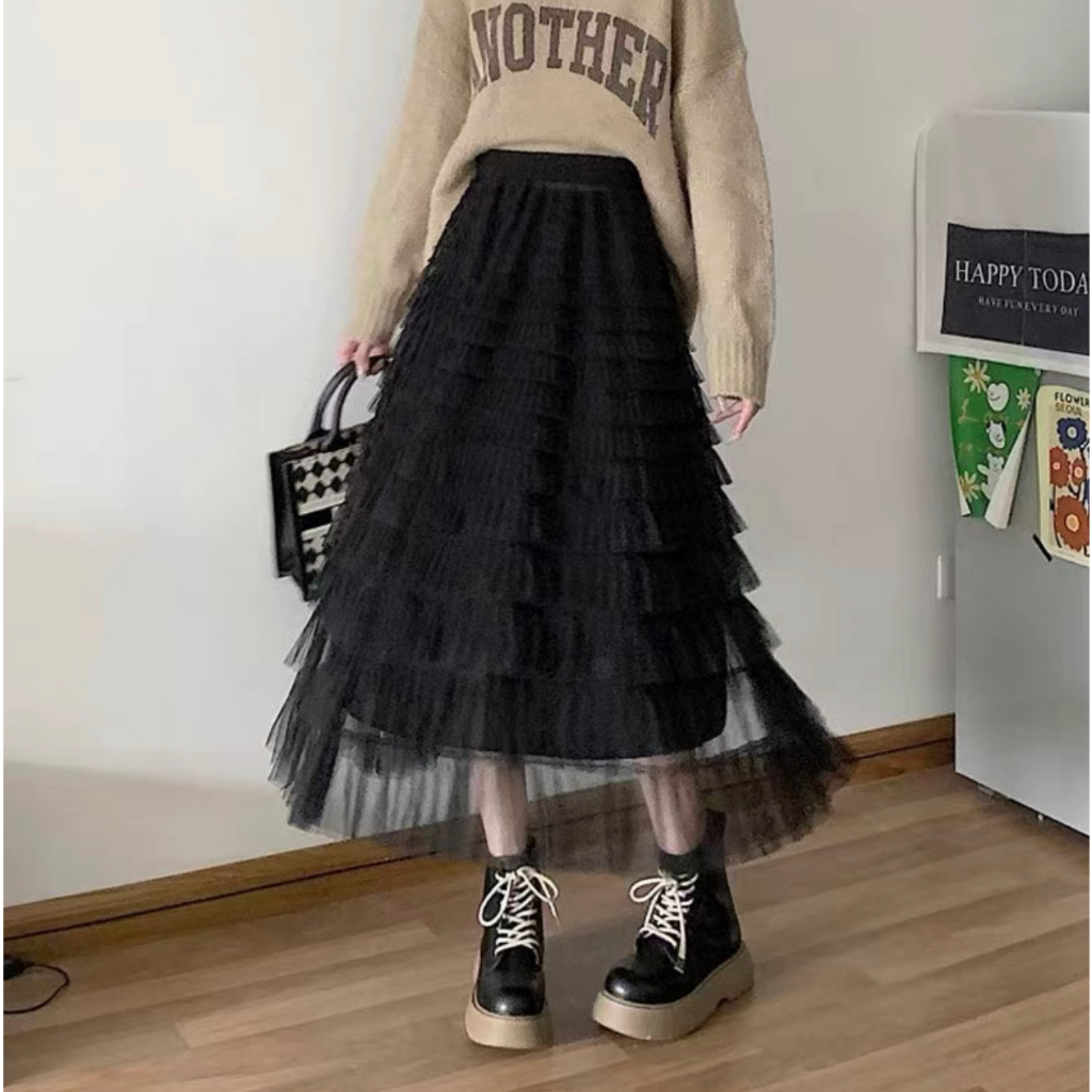 Saia de Tule Moda Feminina Comprida Elegante e Elastica Saia de Babado de Camadas /saias evangélicas em Oferta na Shopee