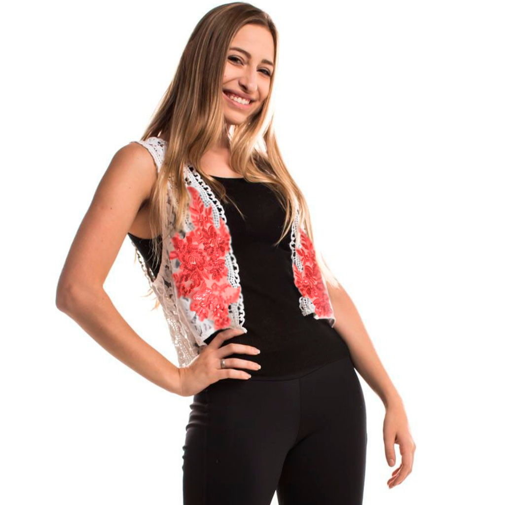 Colete Feminino Renda Floral Primavera Verão Sem Mangas Curto Retrô Rosa Vermelho Tamanho Único P-G