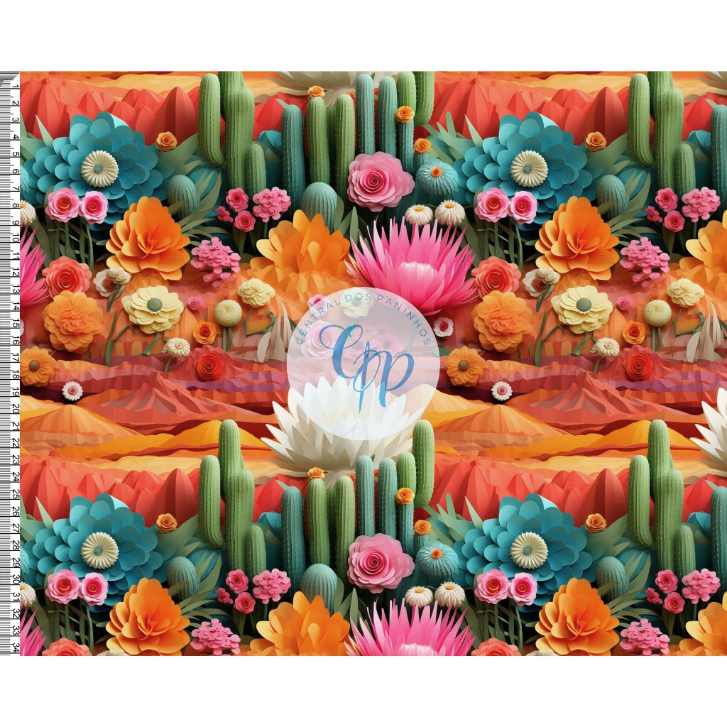 Tecido tricoline, microfibra ou gabardine - Floral - cacto - colorido - 3d - 0.50CM