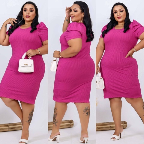 Vestido Feminino Canelado Manga Curta Bufante Princesa Plus Size