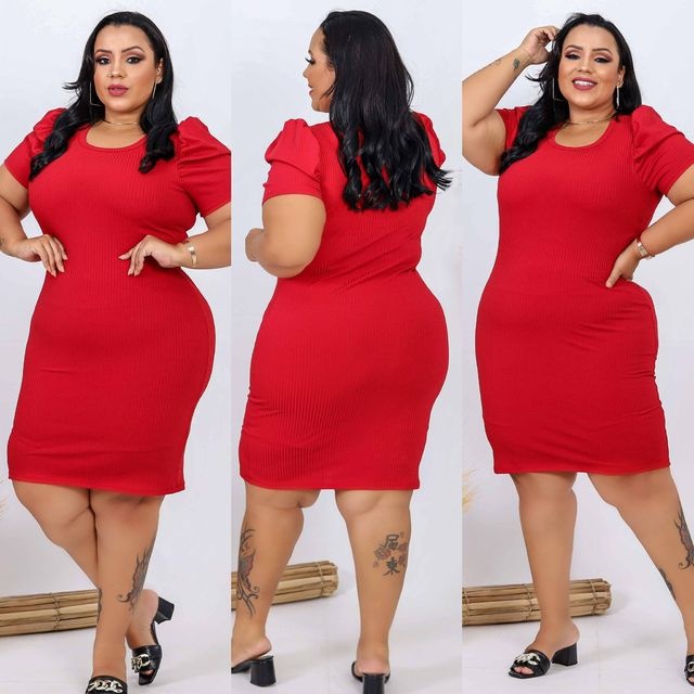 Vestido Midi Manga Bufante Princesa Plus Size (46 ao 52) Tecido Suplex Canelado Moda Gringa Blogueiras Plus