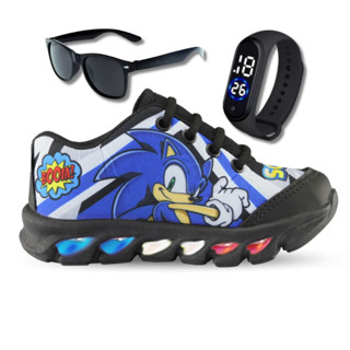 Tenis de LED infantil Sonic Boom masculino mais relogio e oculos meninos com luzinha