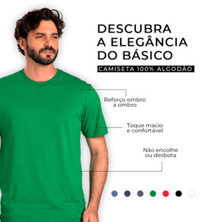 Camiseta Básica 100% Algodão Reforço Ombro a Ombro Masculina Lisa Modelagem e Caimento Moderno Fabricação Própria no Brasil - Camiseta Masculina Casual - Camiseta Preta - Camiseta Branca - Camiseta Azul - Camiseta Cinza - Camiseta Vermelho -Camiseta Verde