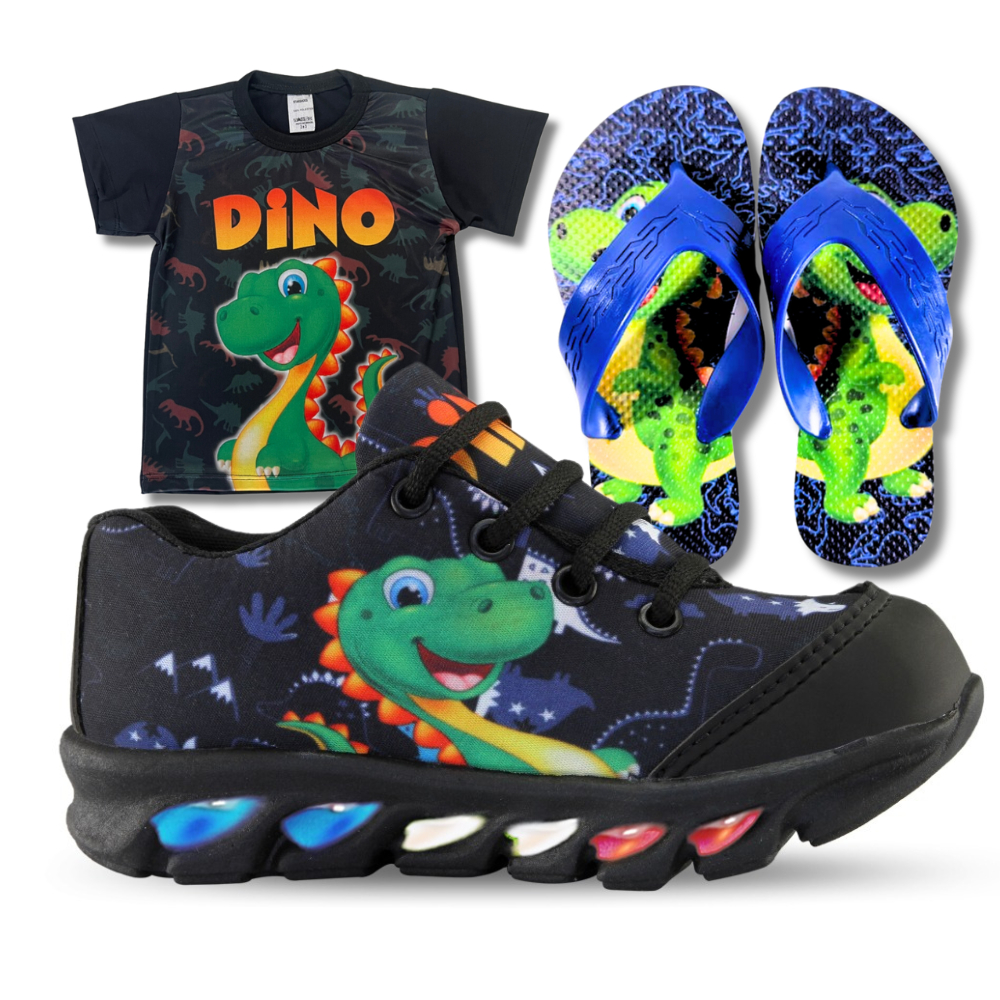Kit tenis de LED infantil Dinossauro masculino mais chinelo mais camisa