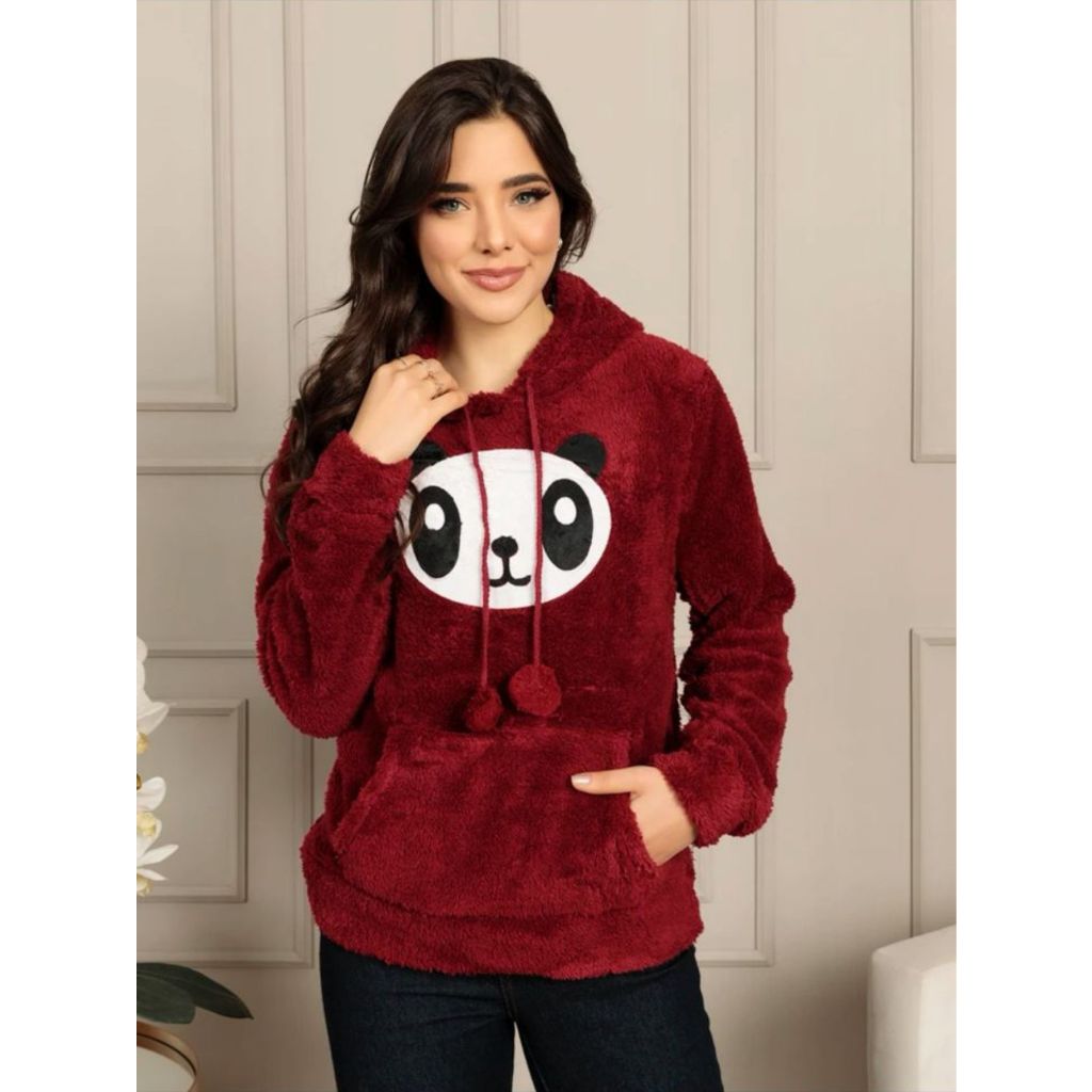 Casaco de moletom de pelinho estampa pandinha blusa inverno feminino capuz promoção em Oferta na Shopee