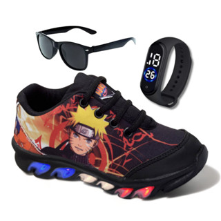 Tenis de LED infantil Naruto masculino com relogio e oculos meninos com luzinhas
