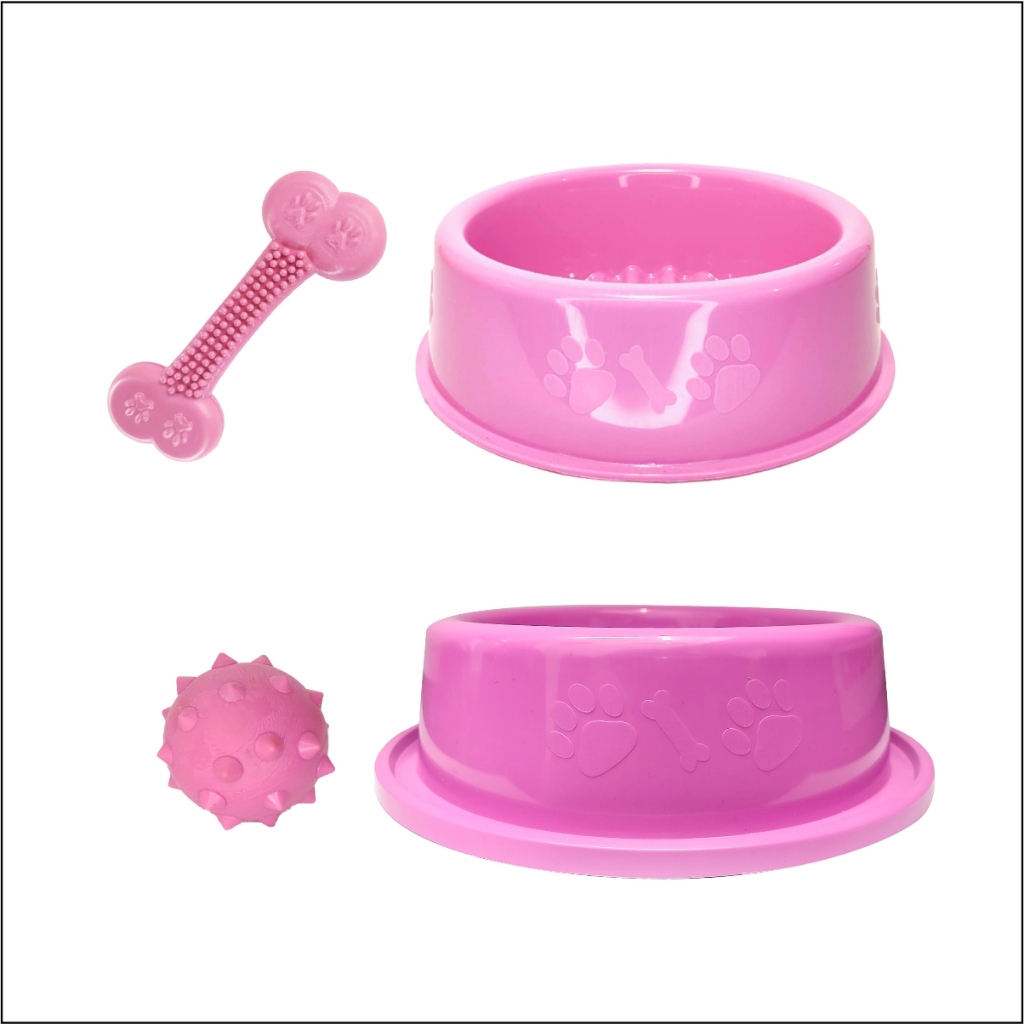 Kit Comedouro Anti Formigas + Bebedouro Para Cães e Gatos + Bolinha + Osso - Brinquedo