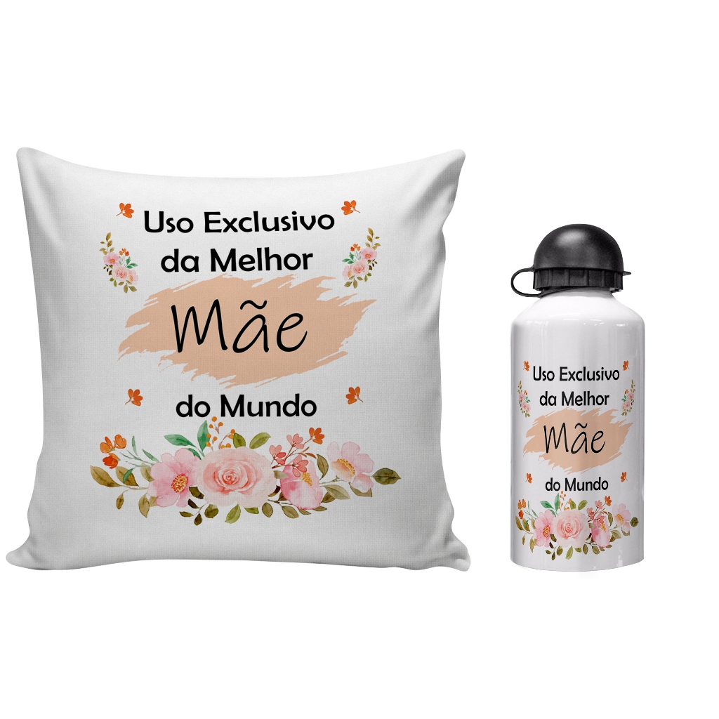 kit floral personalizado almofada e garrafinha de agua squeeze aluminio presente para mãe enteada dinda vó bisavó prima irmã tia amiga afilhada sobrinha cunhada comadre nora sogra madrasta babá namorada noiva esposa filha neta patroa chef