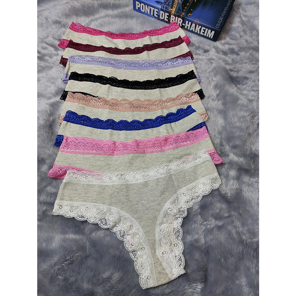 KIT 10 CALCINHA CONFORTO FIO MIMO ALGODÃO COM RENDA em Oferta na Shopee