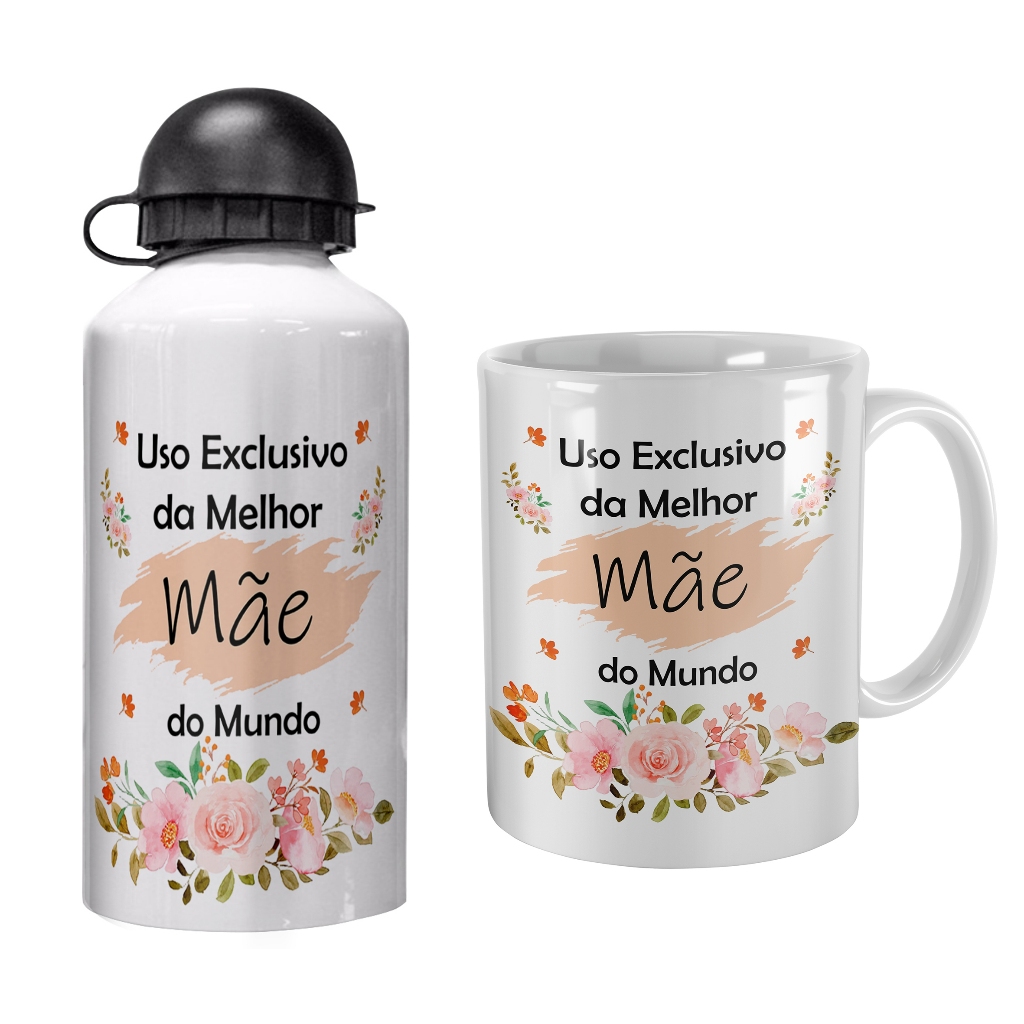 kit floral personalizado caneca e garrafinha de agua squeeze aluminio para presente para mãe enteada dinda vó bisavó prima irmã tia amiga afilhada sobrinha cunhada comadre nora sogra madrasta babá namorada noiva esposa filha neta patroa chef