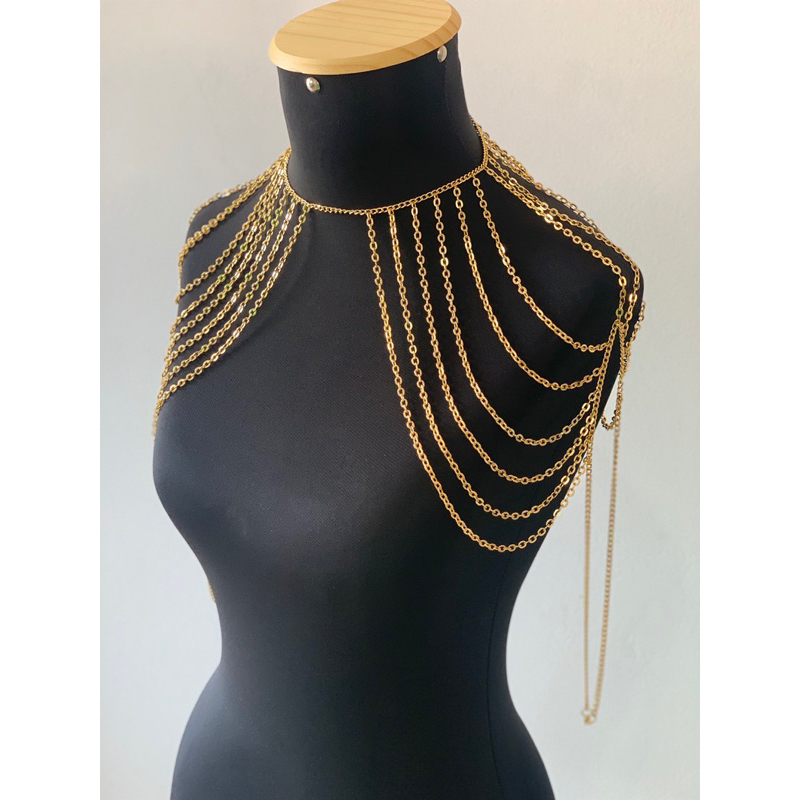 Bodychain cinto corporal estilo ombreira em camadas de corrente delicadas banhadas a ouro e a prata