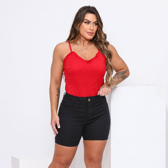 Blusa Feminina com Bojo de Alcinha Regata de Alça Cropped Feminino Canelado Blusinha Básica Babado
