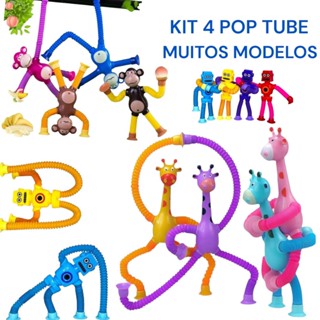 Kit 4 Pop Tube tubo Esticado com Led Girafa Robô Macaquinho Melman Brinquedo com Ventosa Infantil Sensorial