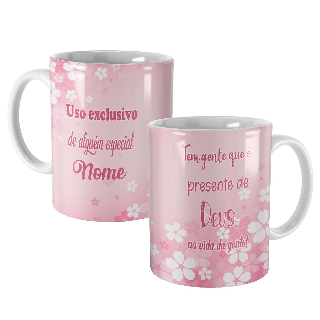 caneca floral rosa flores personalizada para presente com nome e dizer presente de deus na vida da gente filha irmã amiga esposa noiva mãe