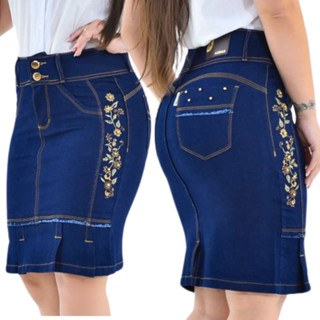Saia Jeans Midi Moda Evangélica Bordada Com Aplicação De Peróla e Strass