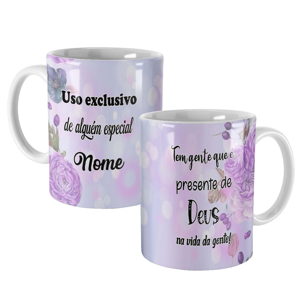caneca floral lilás personalizada para presente uso exclusivo com nome e dizer presente de de deus para filha neta mãe irmã dinda amiga sogra nora cunhada prima vó