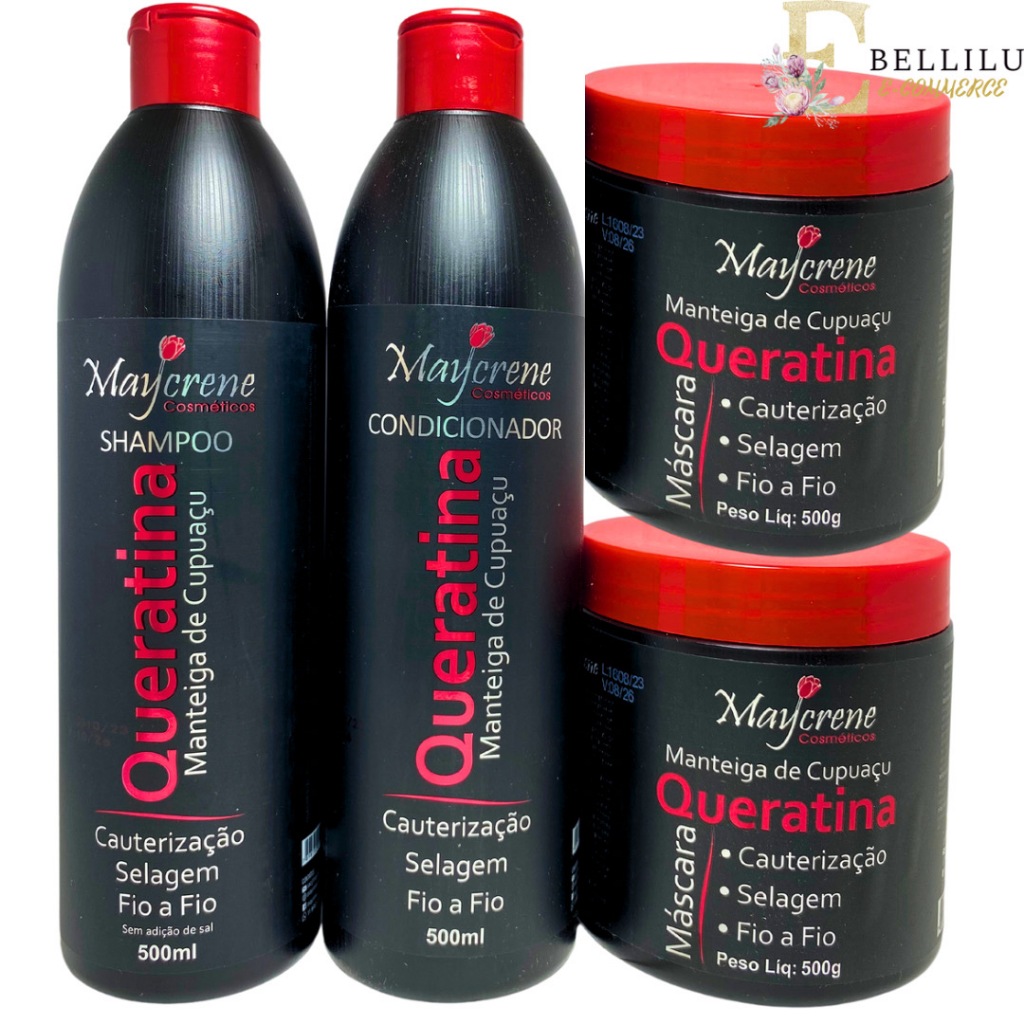 Kit Cauterização Queratina Shampoo Condicionador e 2 Máscara de Tratamento 500g Maycrene