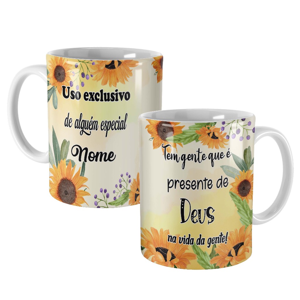 caneca floral girassol personalizada com nome e dizer presente de deus na vida da gente para filha amiga dinda irmã cunhada afilhada mãe vó bisavó chefe prima neta sobrinha