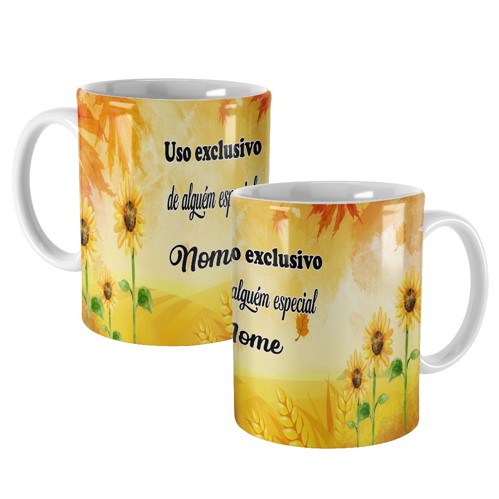 caneca floral girassol personalizada com nome e dizer uso exclusivo para presente cozinha dinda amiga irmã filha sobrinha mãe afilhada nora sogra cunhada comadre