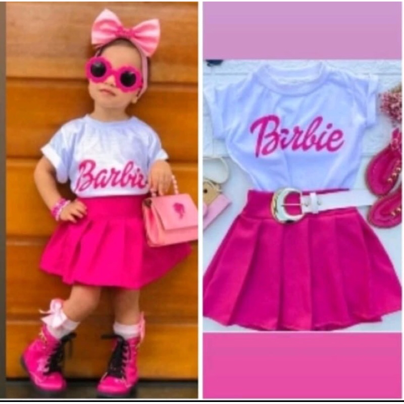 Conjunto com saia plinsada rosa e blusa em Oferta na Shopee