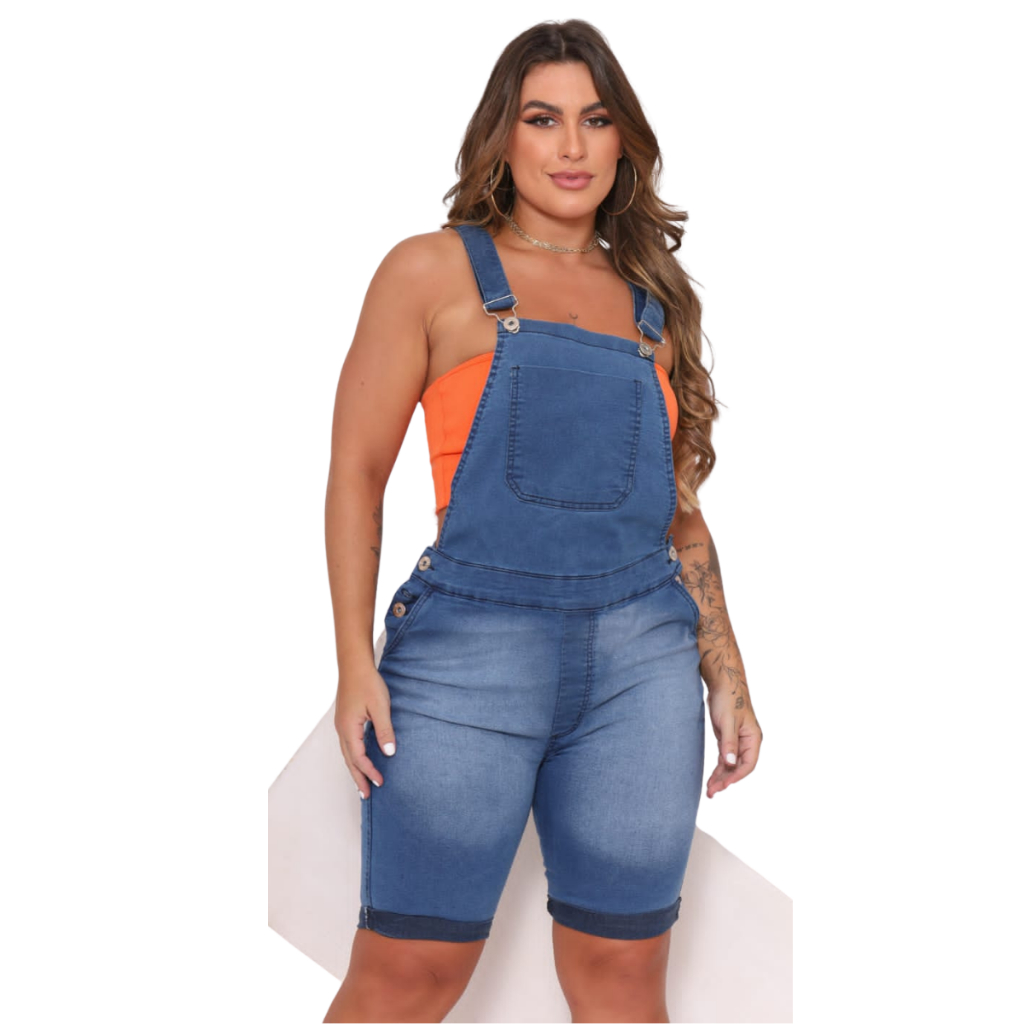 Macacão Jardineira Feminino Curto Bermuda Jeans Lycra Alleppo