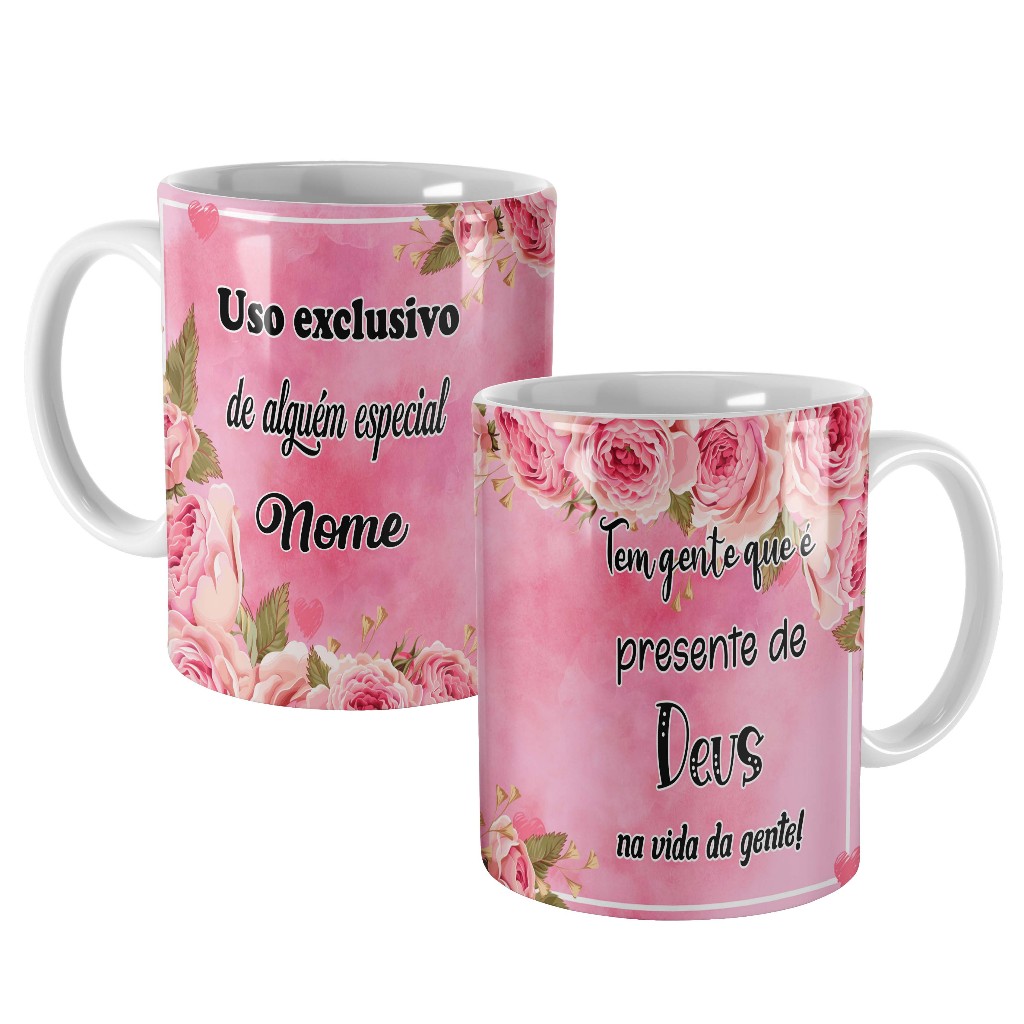 caneca rosa floral personalizada para presente com nome e dizer presente de deus na vida da gente para irmã prima filha prima amiga mãe vó bisavó