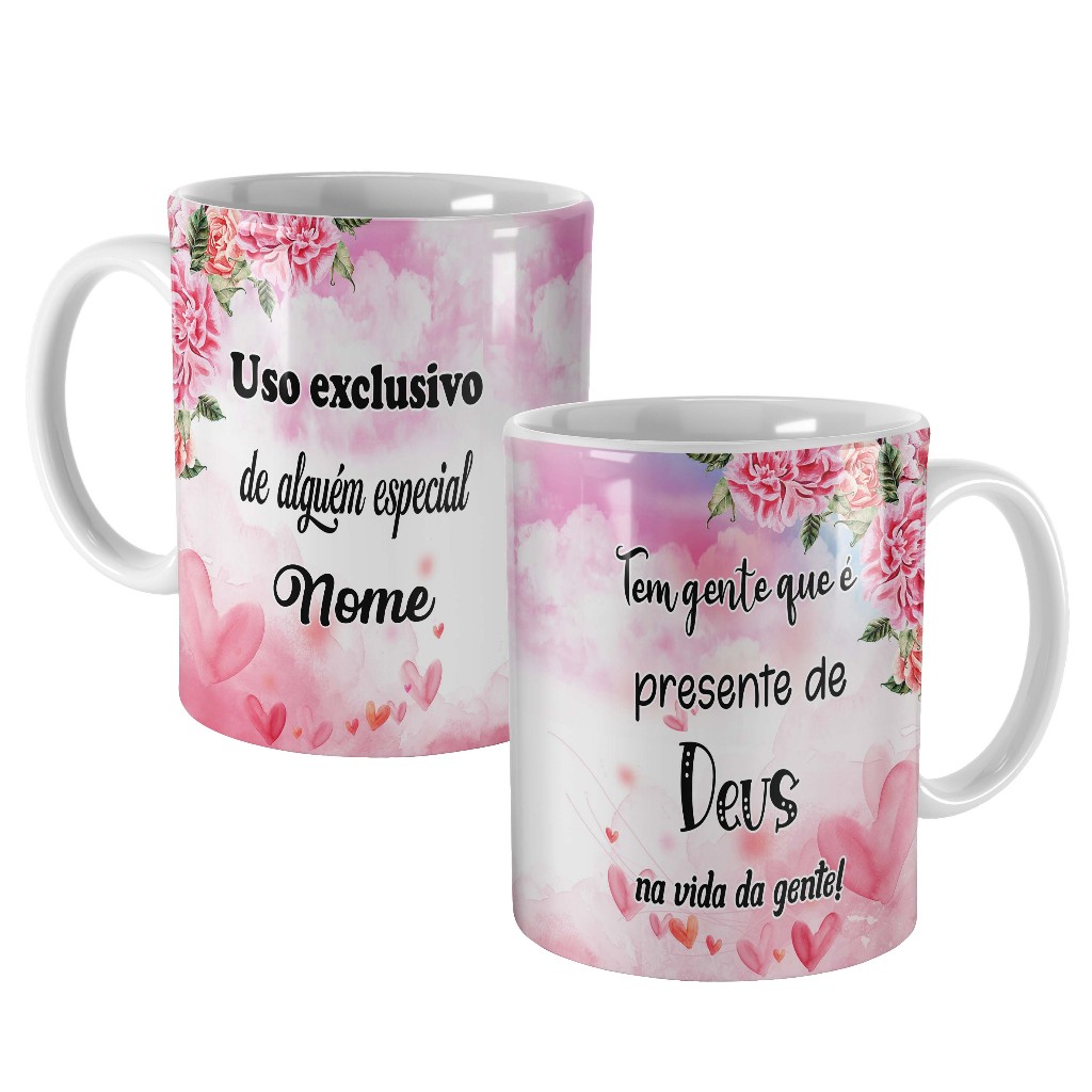 caneca floral personalizada rosa com nome e dizer presente de deus na vida da gente para mãe tia dinda amiga afilhada irmã filha sogra nora