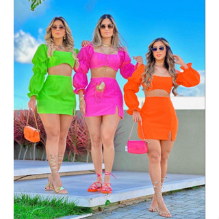 Conjunto Aline Alfaiataria Cropped Manga Longa e Saia